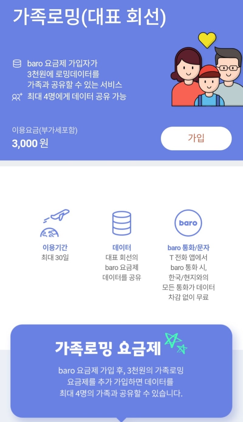 (SK t로밍) t로밍 가족로밍  (최대 4명까지 결합신청가능 - 1인 3,000원추가)