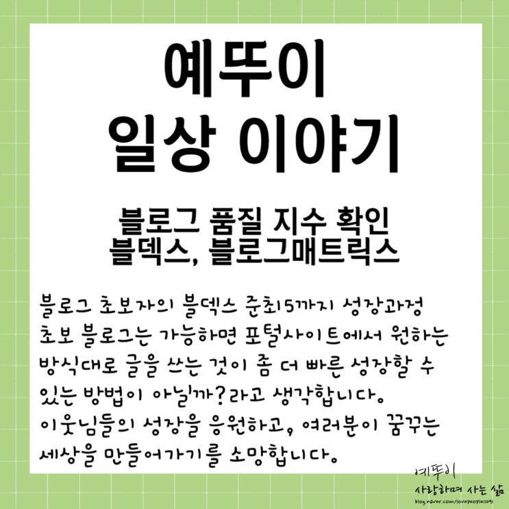  예뚜이 일상 이야기 블로그 목적 상위 노출 품질 지수 확인 블덱스 웨어이즈포스트 블로그매트릭스