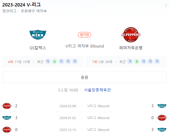  <국내배구분석> 3월 3일 V리그여자 GS칼텍스 페퍼저축은행