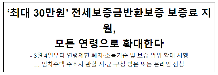 ‘최대 30만원’ 전세보증금반환보증 보증료 지원, 모든 연령으로 확대한다