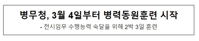 병무청, 3월 4일부터 병력동원훈련 시작 병무청, 3월 4일부터 병력동원훈련 시작