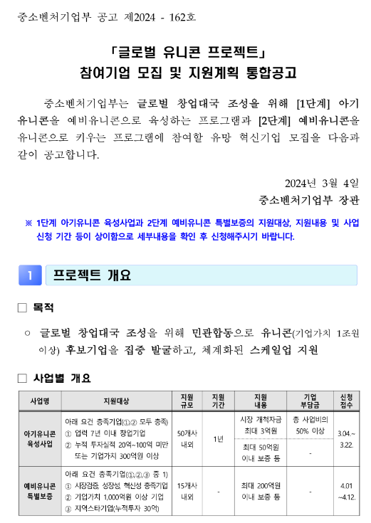 아기유니콘 육성사업(1단계)(2024년 글로벌 유니콘 프로젝트 참여기업 모집 및 지원계획 통합 공고) 아기유니콘 육성사업(1단계)(2024년 글로벌 유니콘 프로젝트 참여기업 모집 및 지원계획 통합 공고)