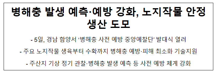 병해충 발생 예측·예방 강화, 노지작물 안정생산 도모 병해충 발생 예측·예방 강화, 노지작물 안정생산 도모