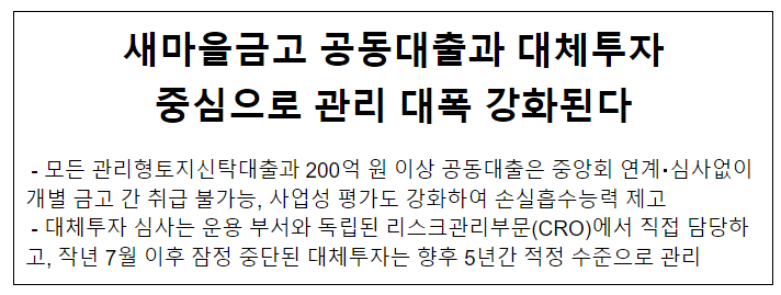 새마을금고 공동대출과 대체투자 중심으로 관리 대폭 강화된다 새마을금고 공동대출과 대체투자 중심으로 관리 대폭 강화된다