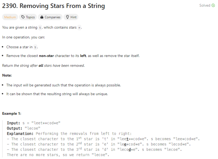 [Python] 리트코드 2390. Removing Stars From a String (Stack)