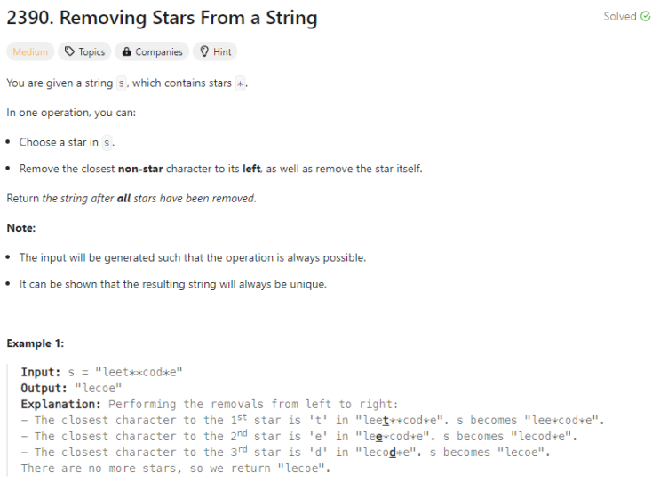  [Python] 리트코드 2390. Removing Stars From a String (Stack)