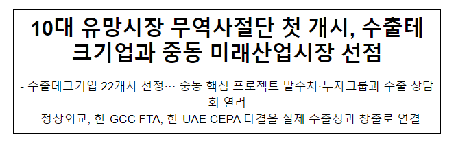 10대 유망시장 무역사절단 첫 개시, 수출테크기업과 중동 미래산업시장 선점 10대 유망시장 무역사절단 첫 개시, 수출테크기업과 중동 미래산업시장 선점