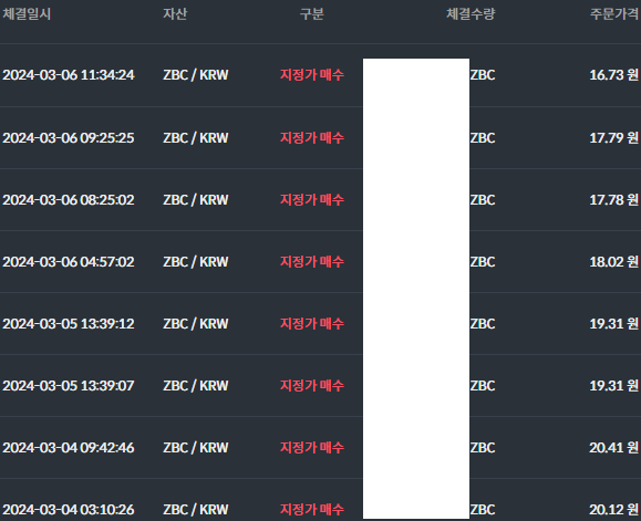  3월 6일 빗썸 지벡(ZBC) 코인 매수 정보