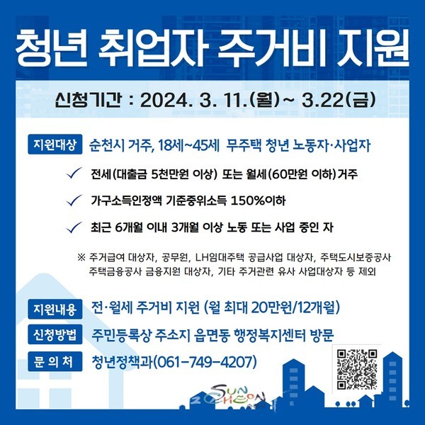  순천 청년 취업자 주거비(전·월세) 연 최대 240만 원 지원한다