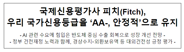 국제신용평가사 피치(Fitch), 우리 국가신용등급을 'AA-, 안정적'으로 유지 국제신용평가사 피치(Fitch), 우리 국가신용등급을 'AA-, 안정적'으로 유지