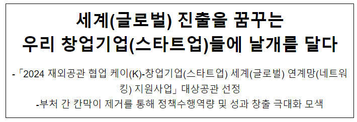세계(글로벌) 진출을 꿈꾸는 우리 창업기업(스타트업)들에 날개를 달다 세계(글로벌) 진출을 꿈꾸는 우리 창업기업(스타트업)들에 날개를 달다
