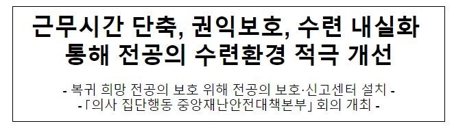근무시간 단축, 권익보호, 수련 내실화 통해 전공의 수련환경 적극 개선 근무시간 단축, 권익보호, 수련 내실화 통해 전공의 수련환경 적극 개선