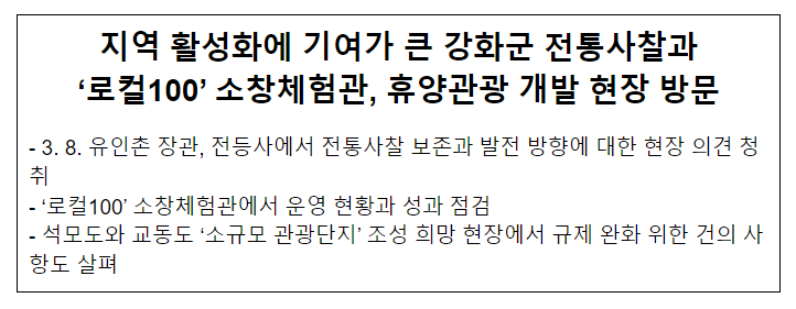 지역 활성화에 기여가 큰 강화군 전통사찰과 ‘로컬100’ 소창체험관, 휴양관광 개발 현장 방문 지역 활성화에 기여가 큰 강화군 전통사찰과 ‘로컬100’ 소창체험관, 휴양관광 개발 현장 방문