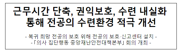 근무시간 단축, 권익보호, 수련 내실화 통해 전공의 수련환경 적극 개선 근무시간 단축, 권익보호, 수련 내실화 통해 전공의 수련환경 적극 개선