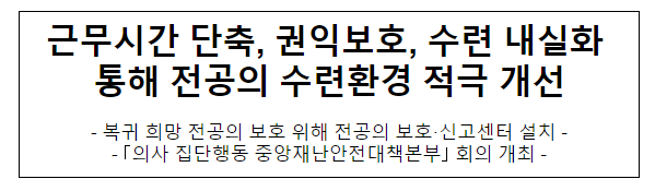 근무시간 단축, 권익보호, 수련 내실화 통해 전공의 수련환경 적극 개선