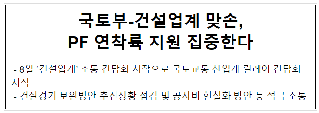 국토부-건설업계 맞손, PF 연착륙 지원 집중한다 국토부-건설업계 맞손, PF 연착륙 지원 집중한다