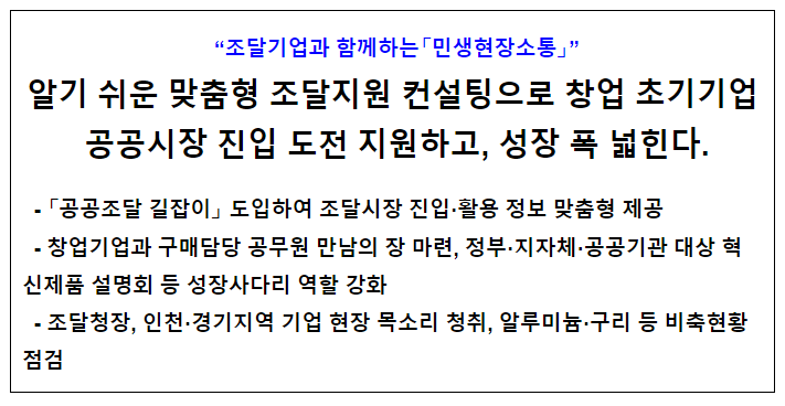 알기 쉬운 맞춤형 조달지원 컨설팅으로 창업 초기기업 공공시장 진입 도전 지원하고, 성장 폭 넓힌다 알기 쉬운 맞춤형 조달지원 컨설팅으로 창업 초기기업 공공시장 진입 도전 지원하고, 성장 폭 넓힌다