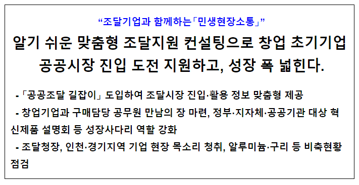 알기 쉬운 맞춤형 조달지원 컨설팅으로 창업 초기기업 공공시장 진입 도전 지원하고, 성장 폭 넓힌다