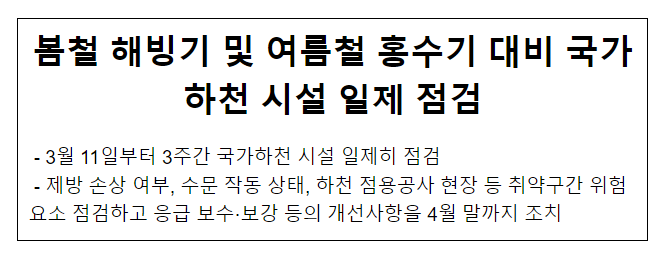 봄철 해빙기 및 여름철 홍수기 대비 국가하천 시설 일제 점검 봄철 해빙기 및 여름철 홍수기 대비 국가하천 시설 일제 점검