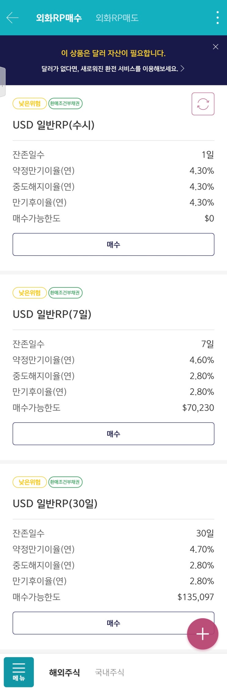  놀고 있는 달러예수금 7일짜리 예금처럼 굴리기, 키움증권 외화RP매매