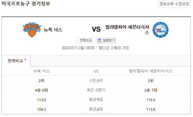  NBA분석 3월 11일 뉴욕 필라델피아 해외농구중계