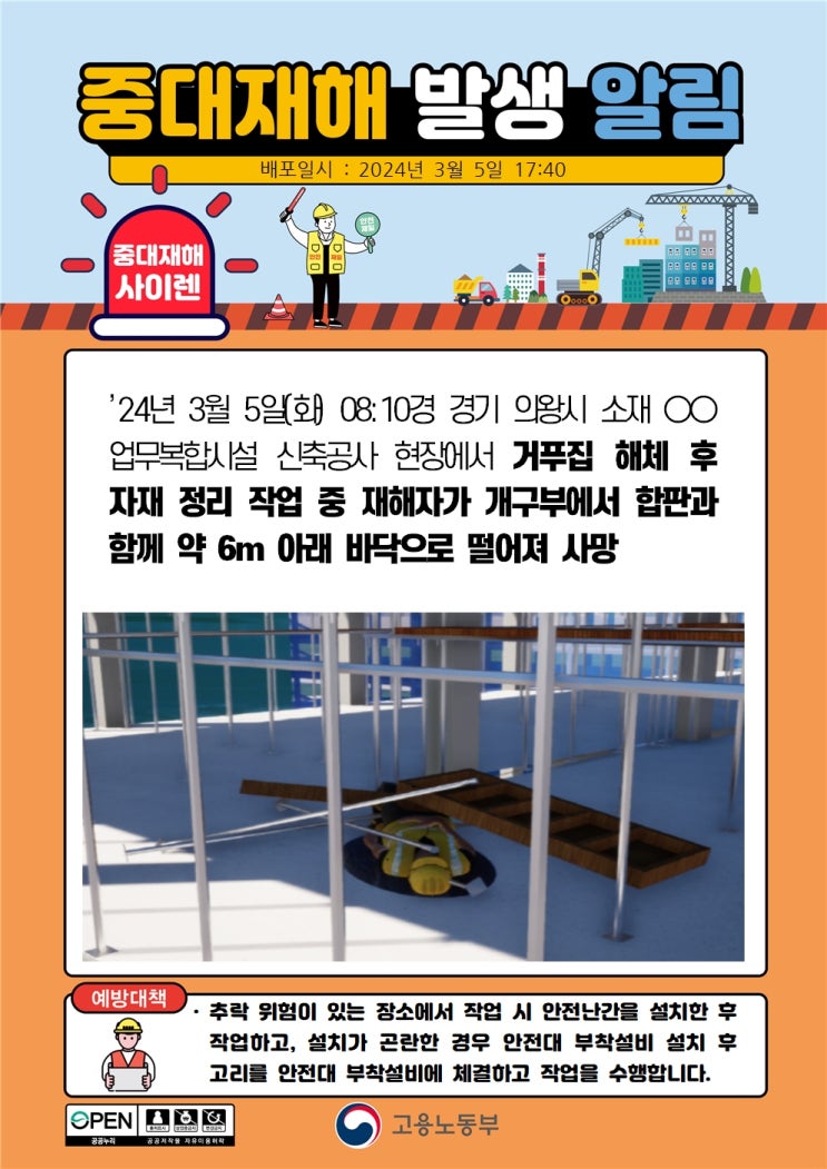  의왕 업무시설공사장 개구부 추락 사고