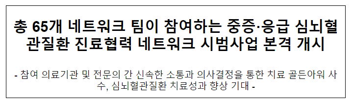 총 65개 네트워크 팀이 참여하는 중증·응급 심뇌혈관질환 진료협력 네트워크 시범사업 본격 개시 총 65개 네트워크 팀이 참여하는 중증·응급 심뇌혈관질환 진료협력 네트워크 시범사업 본격 개시