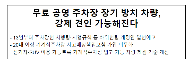 무료 공영 주차장 장기 방치 차량, 강제 견인 가능해진다