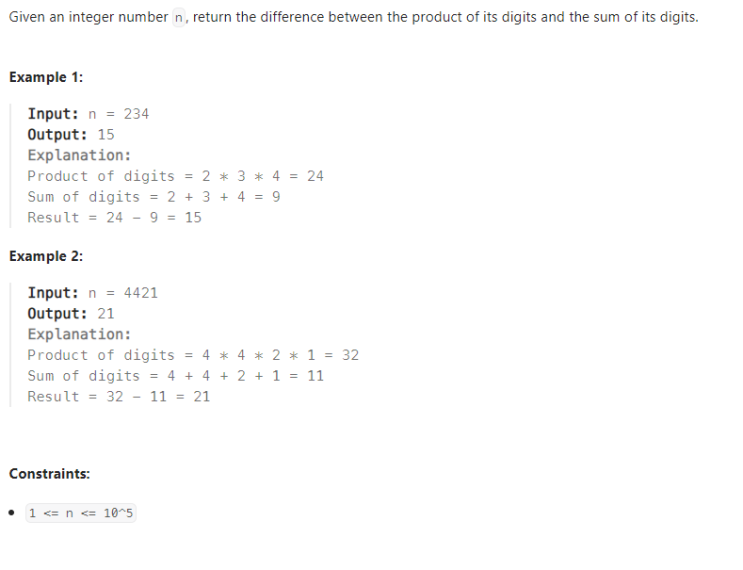 JAVA_LeetCode 1281_Subtract the Product and Sum of Digits of an Integer