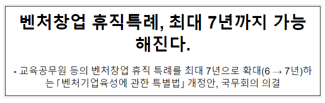 벤처창업 휴직특례, 최대 7년까지 가능해진다. 벤처창업 휴직특례, 최대 7년까지 가능해진다.