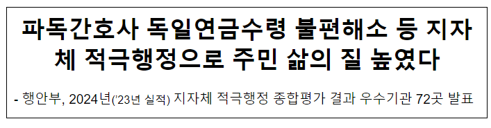 파독간호사 독일연금수령 불편해소 등 지자체 적극행정으로 주민 삶의 질 높였다 파독간호사 독일연금수령 불편해소 등 지자체 적극행정으로 주민 삶의 질 높였다