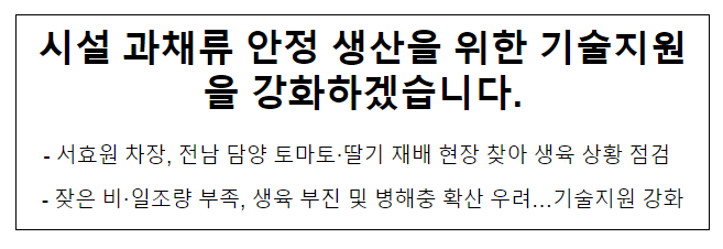 시설 과채류 안정 생산을 위한 기술지원을 강화하겠습니다.