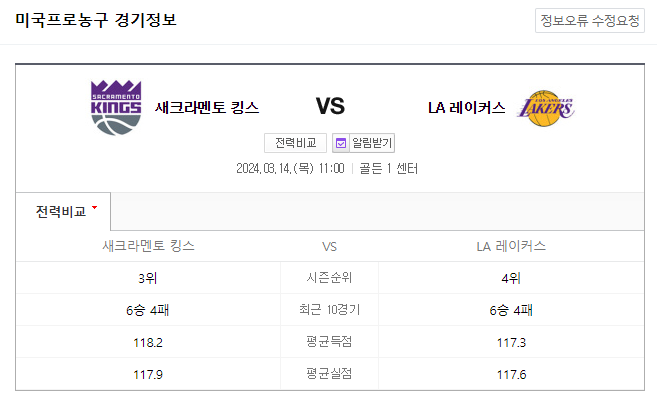  NBA분석 3월 14일 새크라멘토 LA레이커스 해외농구중계