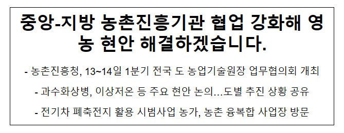 중앙-지방 농촌진흥기관 협업 강화해 영농 현안 해결하겠습니다. 중앙-지방 농촌진흥기관 협업 강화해 영농 현안 해결하겠습니다.
