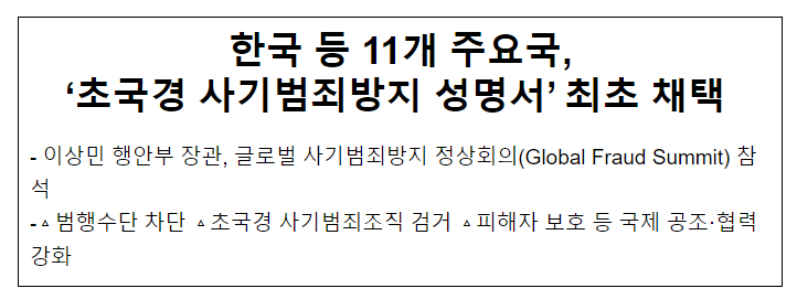 한국 등 11개 주요국, ‘초국경 사기범죄방지 성명서’ 최초 채택