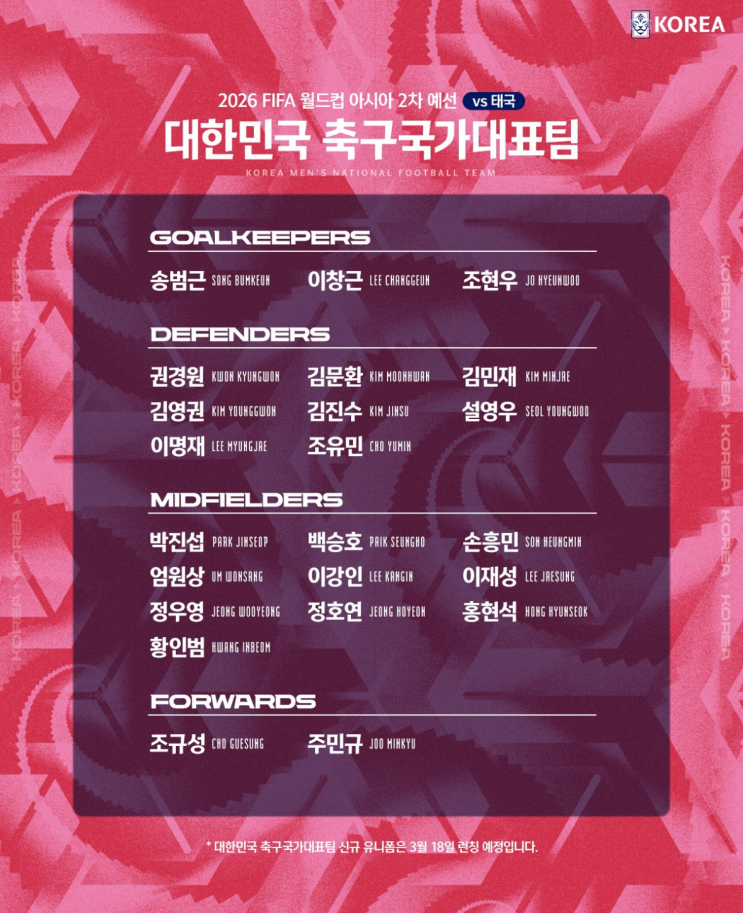  월드컵 예선 국가대표 23인 명단(주민규, 이강인, 조규성, 손흥민, 이승우, 김민재, 황선홍 감독 2026 월드컵 태국 예선)