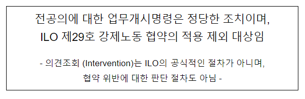 전공의에 대한 업무개시명령은 정당한 조치이며, ILO 제29호 강제노동 협약의 적용 제외 대상임