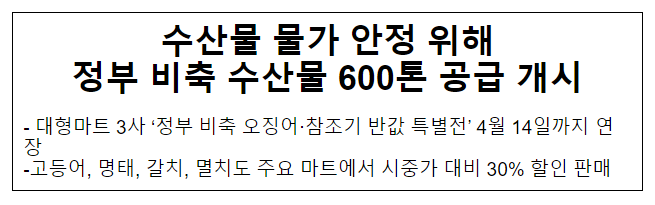 수산물 물가 안정 위해 정부 비축 수산물 600톤 공급 개시 수산물 물가 안정 위해 정부 비축 수산물 600톤 공급 개시