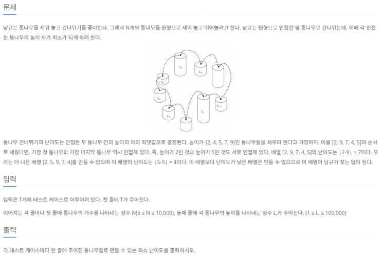  [Python] 백준 실버1 11497번 통나무 건너뛰기 (그리디)