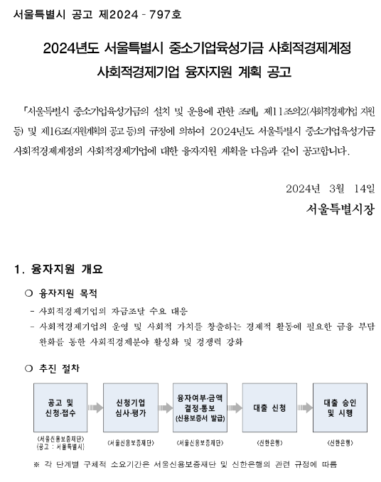 [서울] 2024년 중소기업육성기금 사회적경제계정 사회적경제기업 융자지원 계획 공고