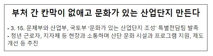부처 간 칸막이 없애고 문화가 있는 산업단지 만든다 부처 간 칸막이 없애고 문화가 있는 산업단지 만든다