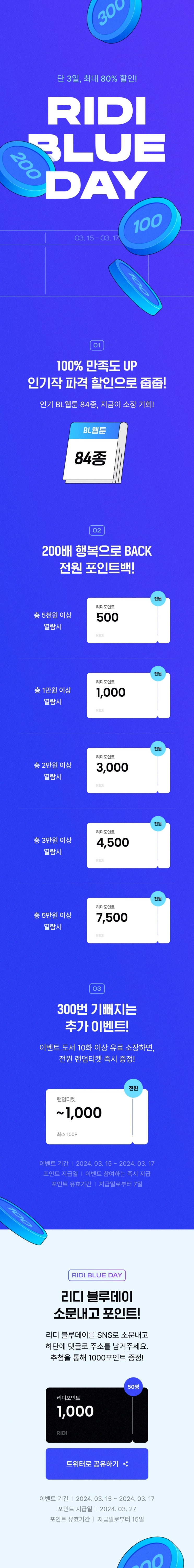 BL웹툰 이벤트) 리디-[전원 포인트] 단 3일, 리디 블루데이 최대 80% (3/15~3/17)