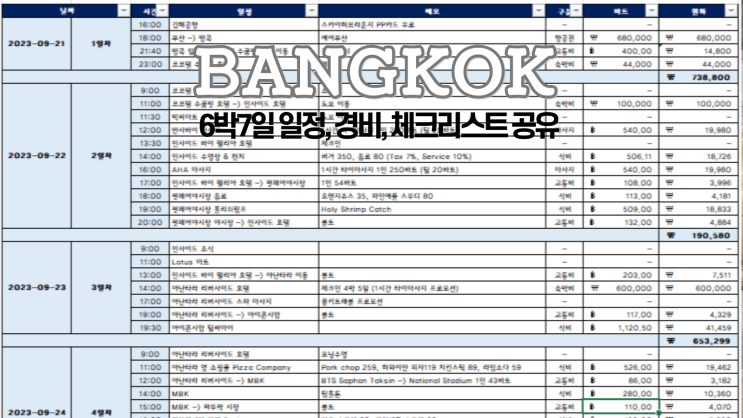  방콕 6박7일 일정, 경비, 체크리스트, 일정표 공유