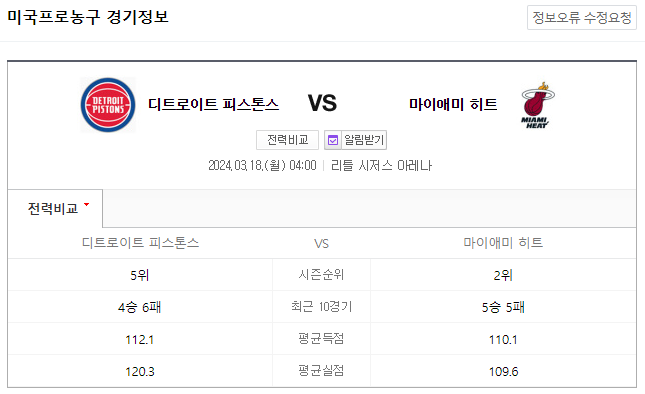  NBA분석 3월 18일 디트로이트 마이애미 해외농구중계