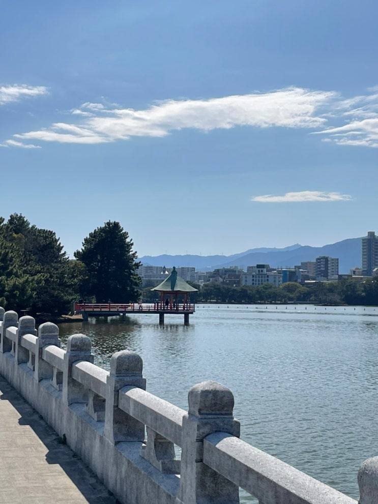 후쿠오카 오호리 공원 오리 배(거위 보트), 관월교, 부견당