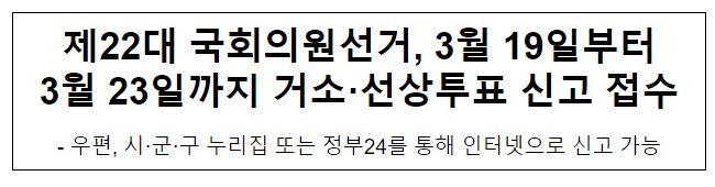 제22대 국회의원선거, 3월 19일부터 3월 23일까지 거소·선상투표 신고 접수 제22대 국회의원선거, 3월 19일부터 3월 23일까지 거소·선상투표 신고 접수
