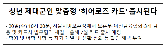 청년 제대군인 맞춤형 ‘히어로즈 카드’ 출시된다 청년 제대군인 맞춤형 ‘히어로즈 카드’ 출시된다