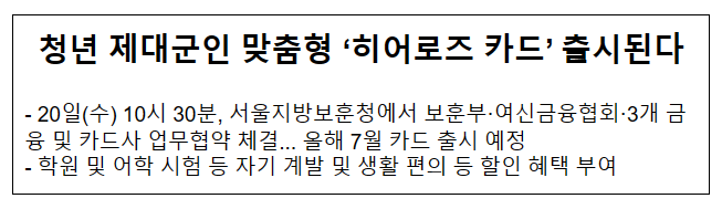 청년 제대군인 맞춤형 ‘히어로즈 카드’ 출시된다