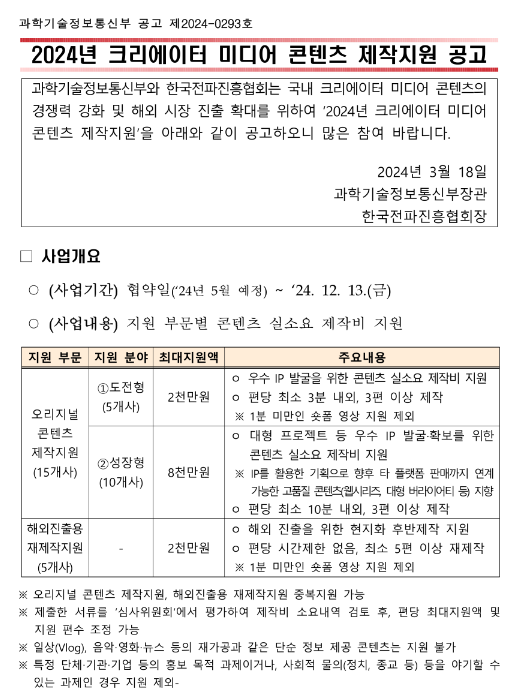 2024년 크리에이터 미디어 콘텐츠 제작지원 모집 공고 2024년 크리에이터 미디어 콘텐츠 제작지원 모집 공고