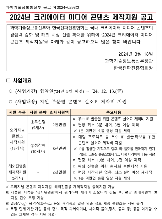 2024년 크리에이터 미디어 콘텐츠 제작지원 모집 공고